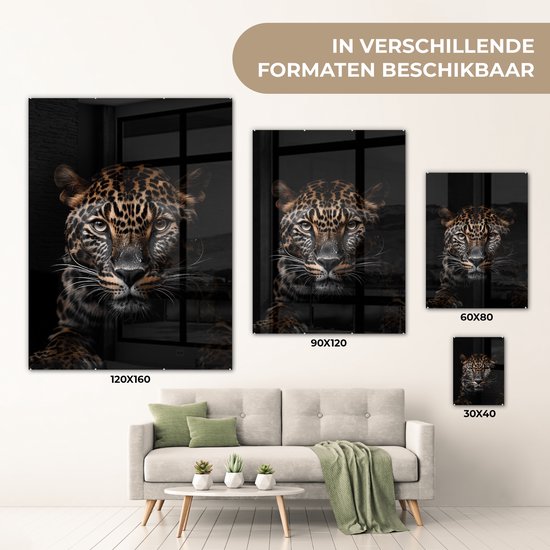 MuchoWow® Glasschilderij 90x120 cm - Schilderij acrylglas - Luipaard - Portret - Zwart - Dier - Foto op glas - Schilderijen