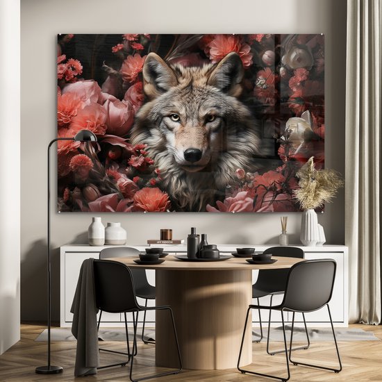 MuchoWow® Glasschilderij 180x120 cm - Schilderij acrylglas - Wolf - Dier - Bloemen - Botanisch - Natuur - Fantasie - Foto op glas - Muurdecoratie woonkamer - Wanddecoratie slaapkamer - Schilderijen