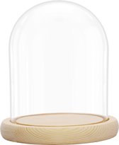 Belle Vous Glazen Stolp Pot met Blank Houten Basis - 16,2 cm Hoog - Doorzichtig Decoratieve Tafeltop Display Bak met Tray voor Fee Lichten, Kopstukken en Antieke Items