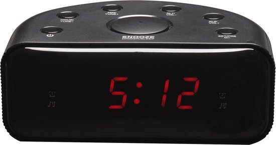 Zwarte wekkerradio met rode digitale tijdsaanduiding 5:12 en knoppen aan de bovenzijde.