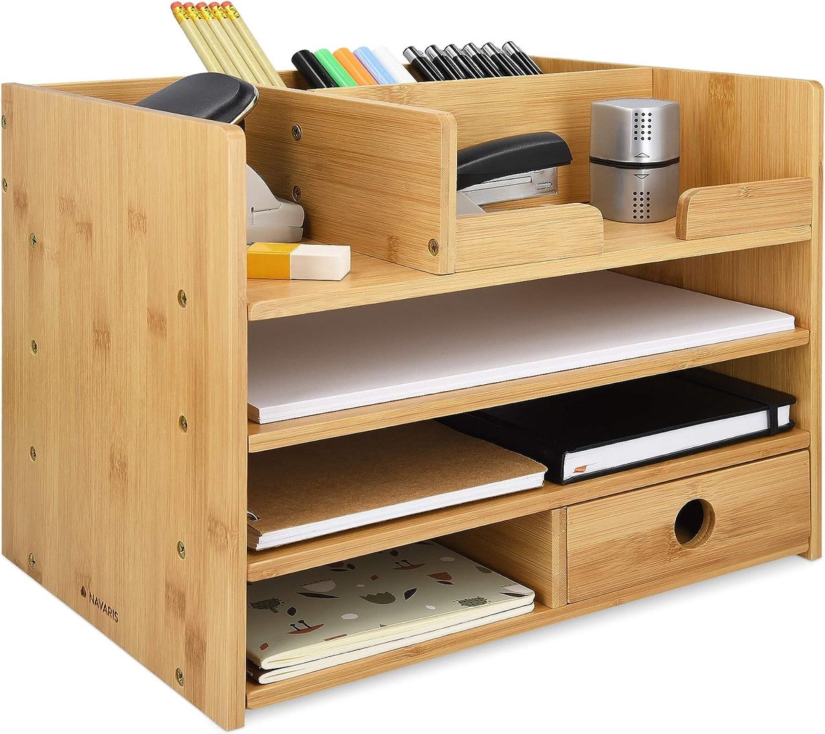 Bureau-organizer, plank van bamboe, 33 x 24 x 26 cm, opbergsysteem, brievenbakje van hout, voor tafel, kantoor, bureau, gemakkelijk te reinigen - Merkloos