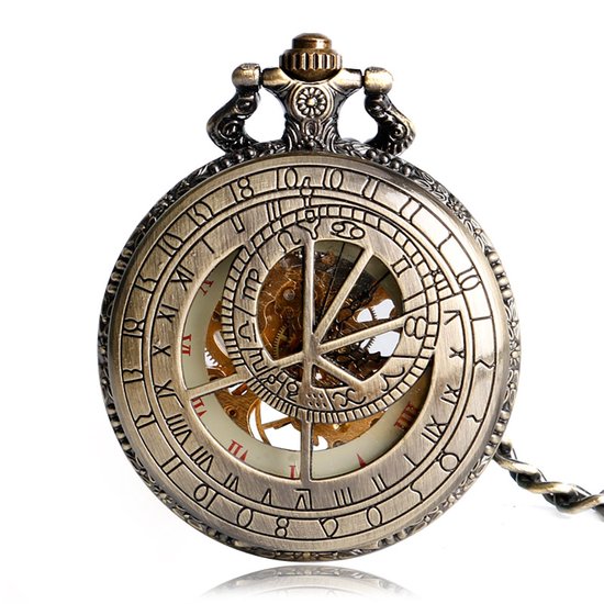 GWS Montre de Poche Deluxe Mécanique Squelette Bronze - Avec chaîne - Mouvement Astronomique Mécanique Prague - montre de poche à remontage manuel