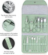 Manicure Set, Professionele Pedicure Kit, Nagelverzorging Gereedschap - 16-in-1 RVS Nagelknipper Gereedschap - Verzorgingsset met Luxe Lederen Reistas (Groen)