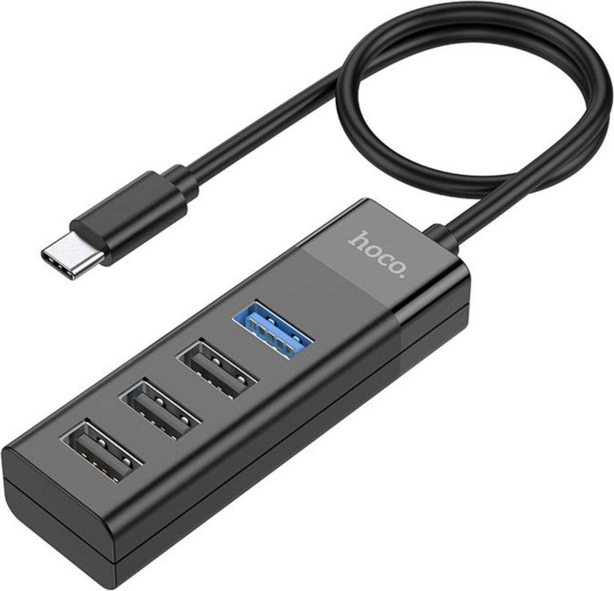 Hoco 4 in 1 Poort USB Hub - Type C naar 1X USB-A 3.0 en 3X USB-A 2.0 - USB Splitter Hub - Geschikt voor Telefoon / Macbook / Laptop / Computer - Zwart