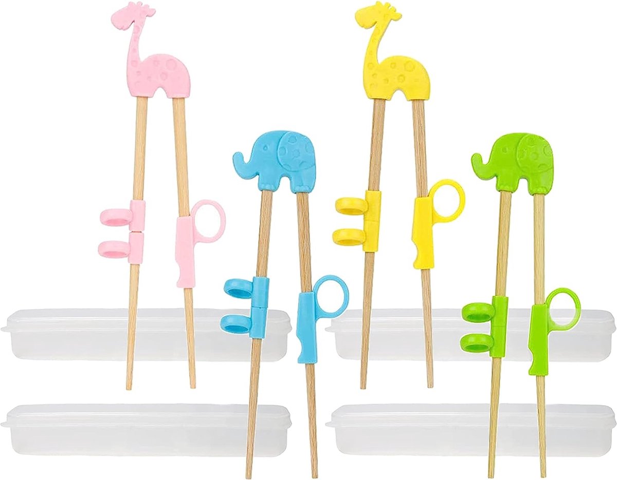 Goedkoopste Voedselveilig Houten Kindereetstokjes met Dierenprints - Leerzaam Eten - Inclusief Opbergdoos - Geschikt voor Beginners & Kinderen