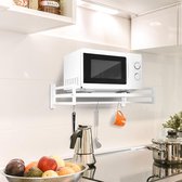 Wall Mounted Microwave Oven Shelf Rack for Home Kitchen, Carbon Steel Counter Top Holder with Hook Rail and 3 Sliding Hooks