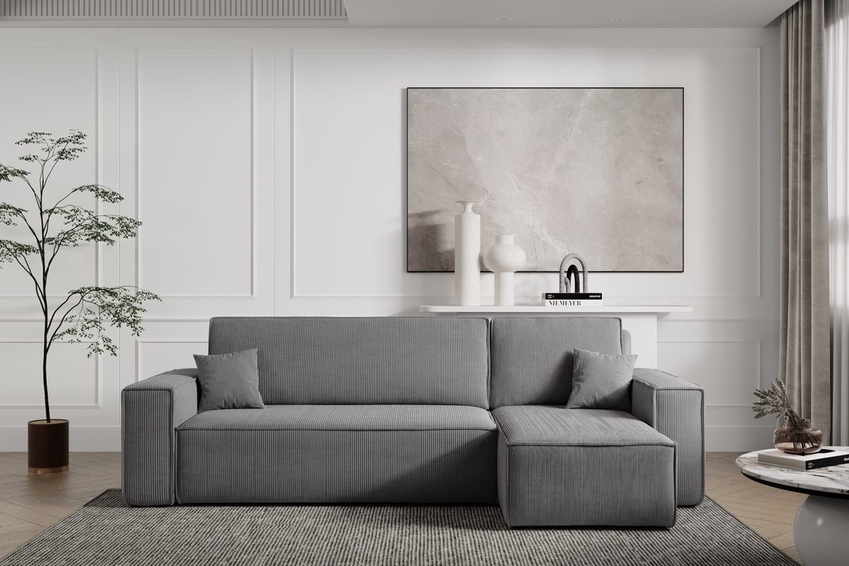 Hoekbank Carlos Grijs - Hoeksalon Met Bed en Opbergruimte Corduroy Ribstof - Karl hoekzetel Universele lounge links of rechts - Seatsandbeds