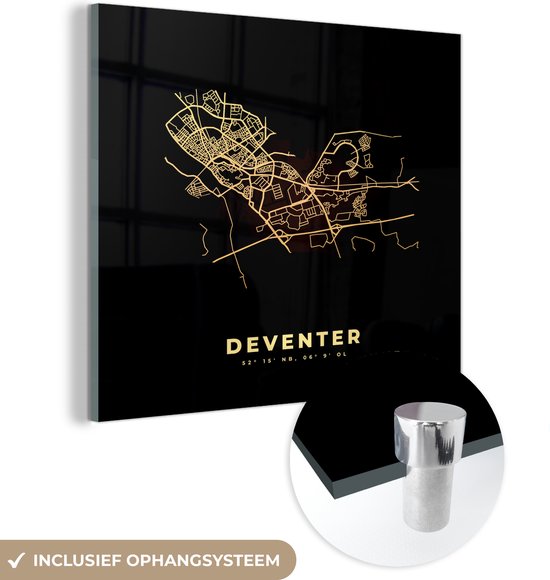 MuchoWow® Peinture sur verre 20x20 cm - Peinture sur verre acrylique - Deventer - Plan de la ville - Carte - Carte - Nederland - Photo sur verre - Peintures