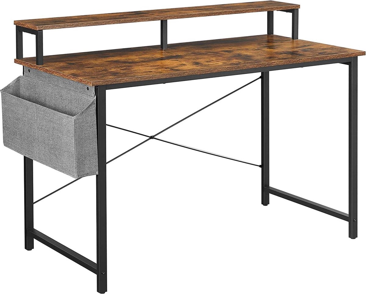 Rootz Desk - Computertafel - Monitorstandaard - Verstelbare Poten - Opbergtas - Industrieel - Bruin - Zwart - Bewerkt Hout - Metaal - 80 x 55 x 90 cm / 120 x 60 x 90 cm