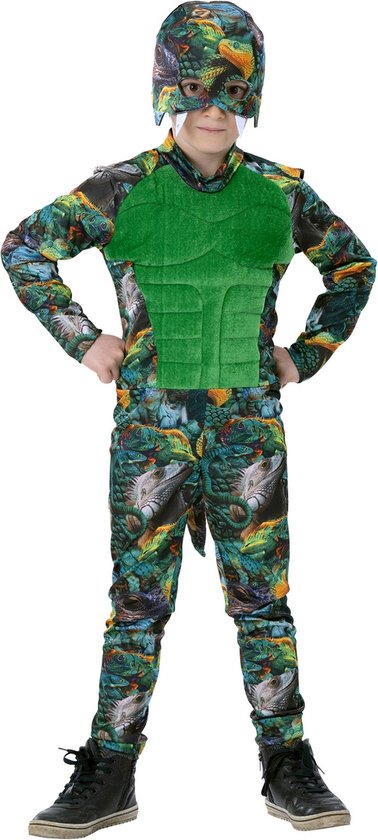 Funny Fashion - Slang Kostuum - Liam De Lizard - Jongen - Groen, Grijs - Maat 140 - Carnavalskleding - Verkleedkleding