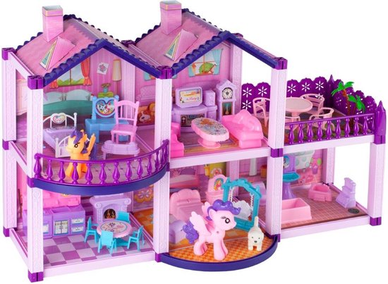 Playos® - Poppenhuis - Paars - met Pony's - Inclusief Meubels - met Pony - met Pop - Draagbaar - Speelgoed - Rollenspel Speelgoed - Educatief - Kinderen - Jongens en Meisjes - Huis voor Poppen