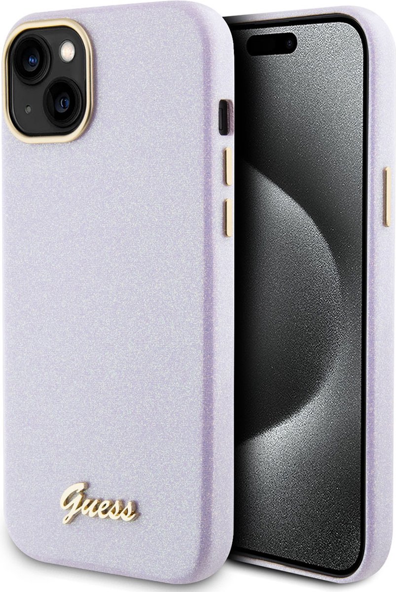 Guess iPhone 15 Plus TPU Back Cover hoesje – Glitter Glossy Script – Lila
