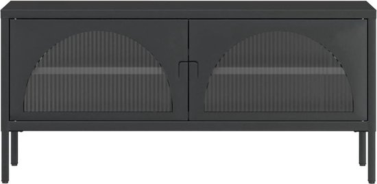 Meuble TV noir avec deux portes vitrées incurvées à motif rayé, sur pieds noirs.