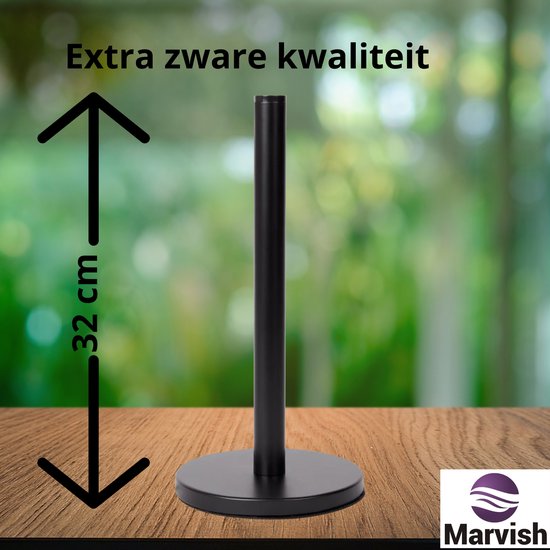 Zware, zwarte keukenrolhouder met een ronde voet, 32cm hoog.