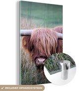 MuchoWow® Glasschilderij 80x120 cm - Schilderij acrylglas - Schotse Hooglander - Hoorns - Gras - Foto op glas - Schilderijen