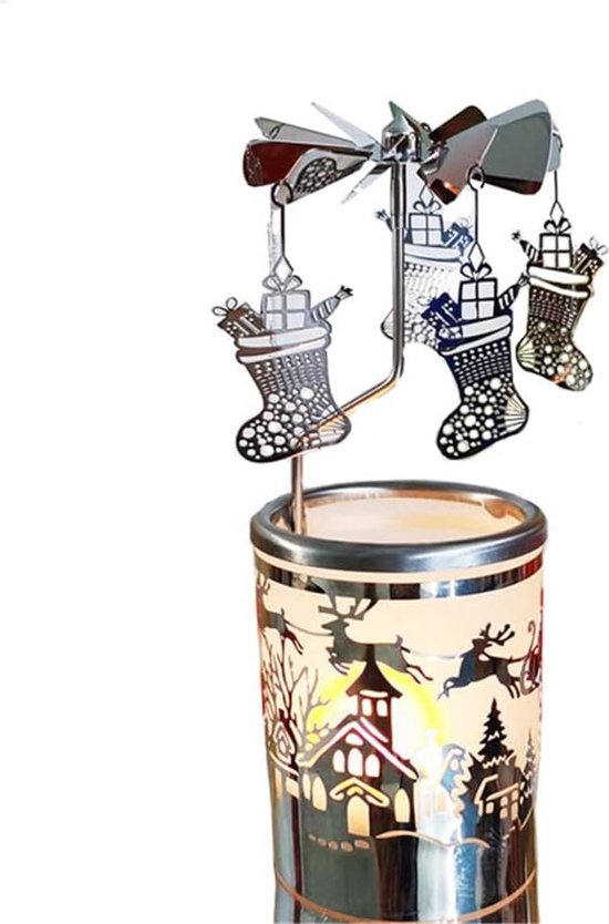 Roterende theelichthouder, kerstkaarsenhouder, metaal, theelichthouder, zilver, carrousel, engelhanger, roterende kandelaar, windlichthouder voor woonkamer, tafeldecoratie, bruiloft, decoratie