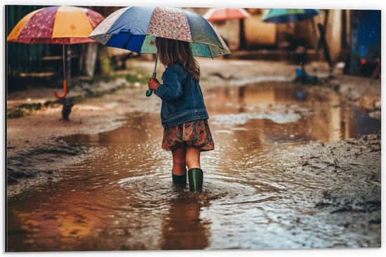 Dibond - Meisje - Regen - Laarzen - Paraplu - Plas - 60x40 cm Foto op Aluminium (Met Ophangsysteem)