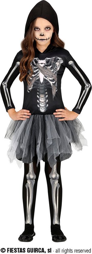 Guirca - Spook & Skelet Kostuum - Dansen In Den Eeuwigheid Mager Skelet - Meisje - Zwart, Grijs - 5 - 6 jaar - Halloween - Verkleedkleding