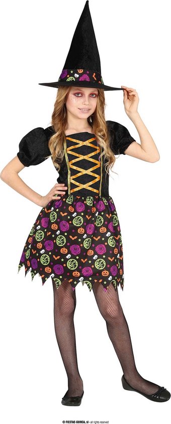 Guirca - Heks & Spider Lady & Voodoo & Duistere Religie Kostuum - Heks Toverketel Tina - Meisje - Oranje, Zwart - 7 - 9 jaar - Halloween - Verkleedkleding