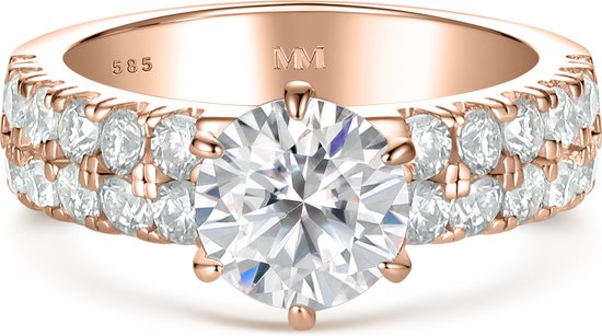 Serena - 18k Roségouden Moissanite Ring met Dubbele Pavé Zijstenen.