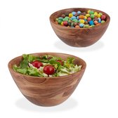 Relaxdays houten saladeschaal - set van 2 - ronde serveerschaal - saladekom acaciahout