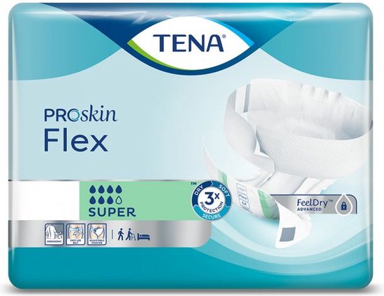 Verpakking TENA ProSkin Flex Super incontinentiemateriaal met blauwgroene golvende opdruk.