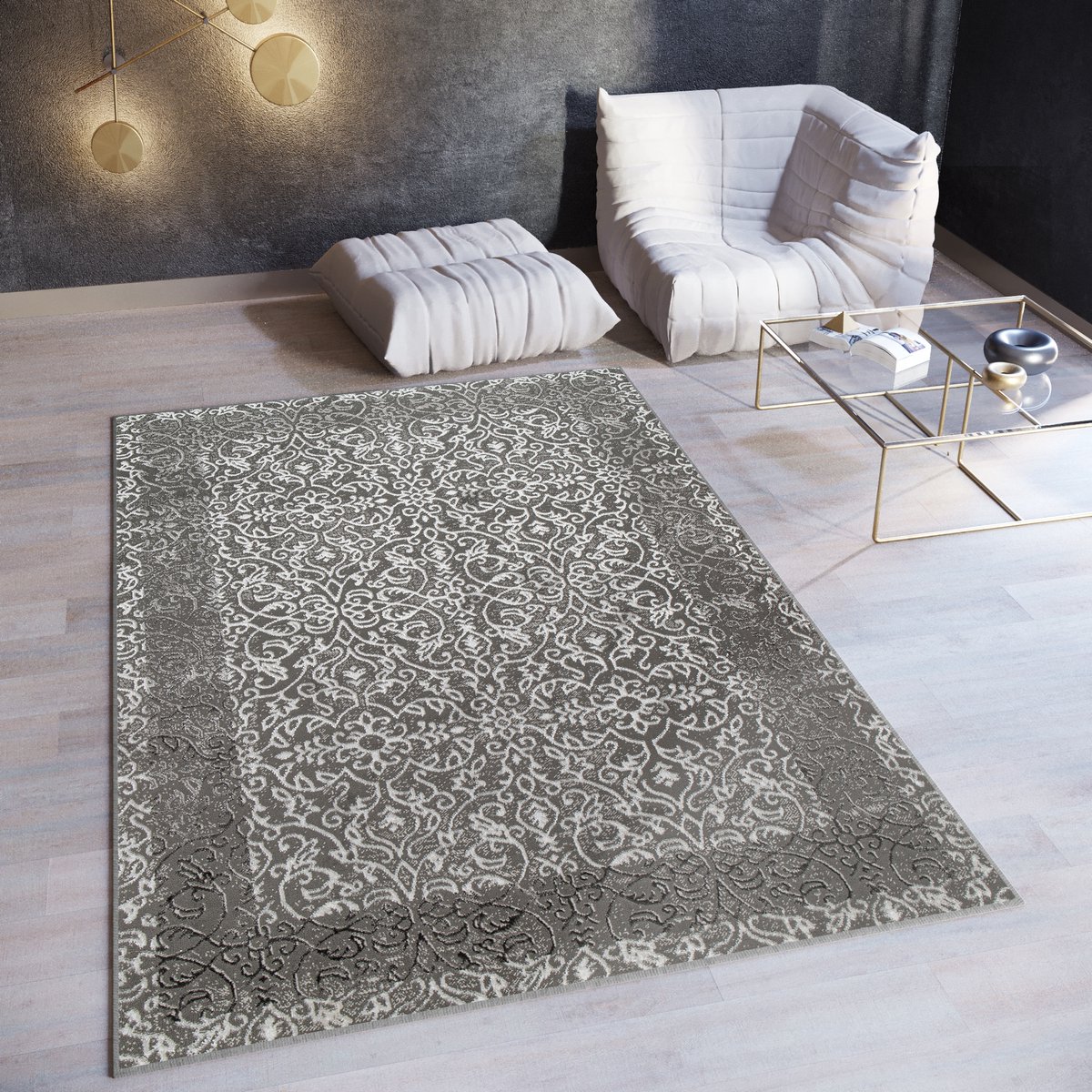 Tapiso Ares Vloerkleed Grijs Donker Laagpolig Woonkamer Frame Oriental Tapijt Maat- 160x22