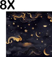 BWK Textiele Placemat - Goud - Zwart - Wolken - Nacht met Sterren - Set van 8 Placemats - 40x40 cm - Polyester Stof - Afneembaar