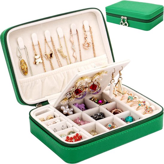 Sieradendoosorganizer, klein kunstlederen reissieradenetui met ritsen, sieradenorganizer opslag voor ringen, oorbellen, halskettingen, armbanden, groen