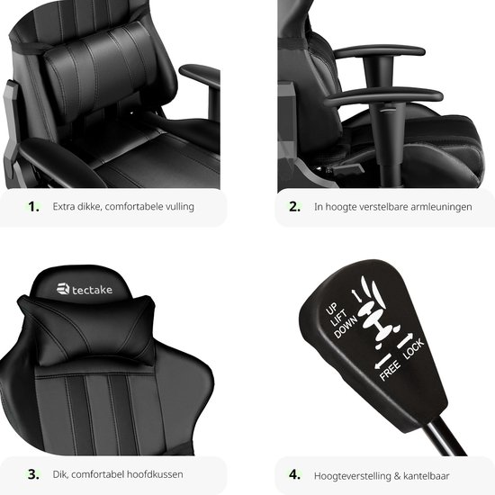 tectake® - bureaustoel gamingchair - luxe burostoel kantoorstoel - racingstoel burostoel gamestoel - zwart - kunstleer - verstelbaar - incl. rug- en nekkussen - Tectake