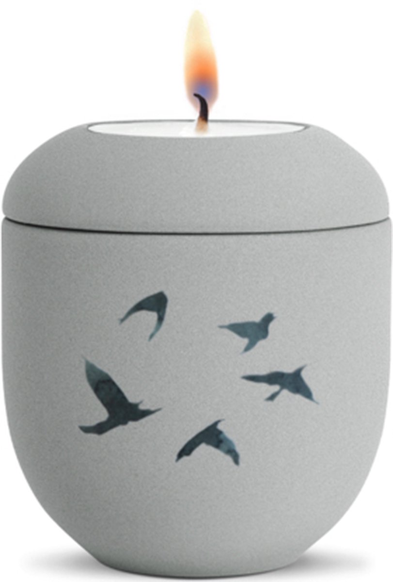 UrnExpert Mini urn met herdenkingslicht grijs met vogels mini-urnen mini urnen voor mensen mini urn voor as volwassen kleine urne voor as mens mini urn waxinelichthouder mini-urnen met kaarsje