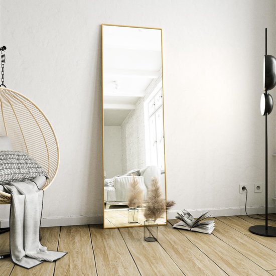Door Mirror, Full Length Mirror, 35 x 122 cm Wall Mirror with 2 Height-Adjustable Hanging Hooks Over the Door, Hanging Mirror with Aluminium Frame for Entrances and Bedrooms, Gold - 