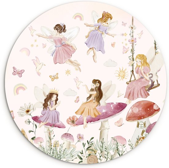 WallCircle - Wandcirkel elfjes 90x90 cm - Muurcirkel kinderkamer meisje fee - Meisjeskamer decoratie roze - Slaapkamer accessoires kinderen - Ronde schilderijen kinderslaapkamer - Muurdecoratie meisjes kamer - Wanddecoratie jeugdkamer