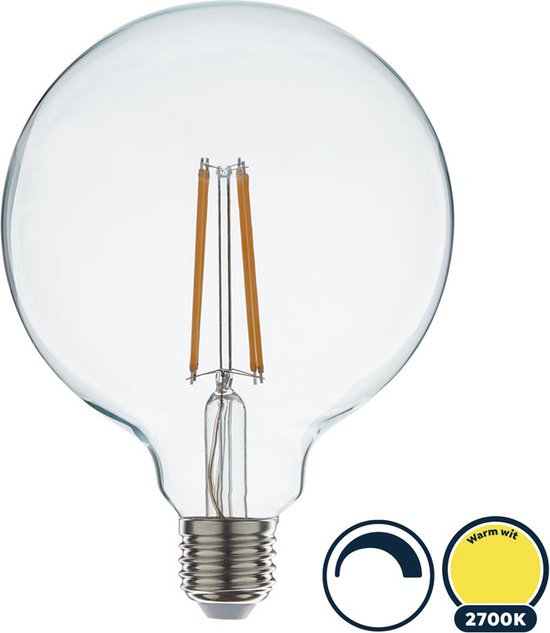 Lampe globe LED à filament E27 6 Watt, lumière blanc chaud (2700K), dimmable à 0%, 550 lumen - Ø125mm