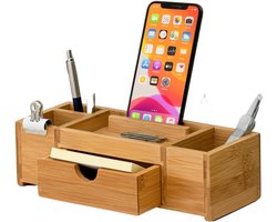 Bamboe Bureau-organizer Opbergrek voor op het bureau voor kantoor en thuis, Houten Organizer met Lades, Stationaire Organizer voor Pen, Potlood met Telefoonhouder.