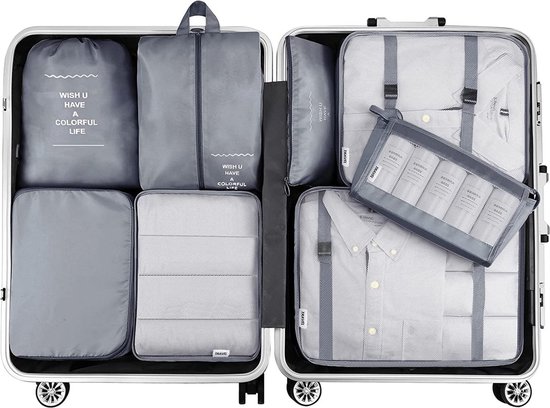 TRAVEL Packing Cubes Set 8-delig - Organizer voor koffer en backpack -  Grijs | bol
