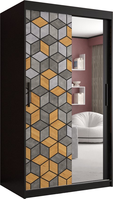 Zweefdeurkast met spiegel Kledingkast met 2 schuifdeuren Garderobekast slaapkamerkast Kledingstang met planken (LxHxP): 100x200x62 cm - LITAI II (Zwart en geometrische patronen, 100)