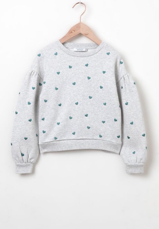 Sissy-Boy - Lichtgrijze sweater met pofmouwen en hartjes embroidery