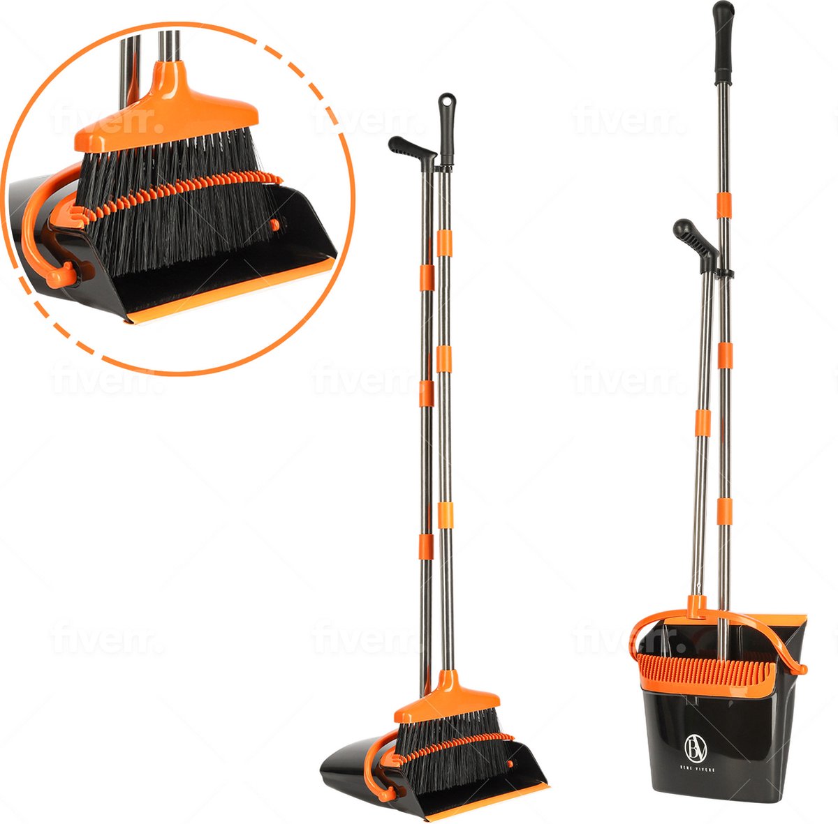 Goedkoopste Bene Vivere® Stoffer en Blik met Lange Steel - Ergonomisch - Binnen en Buiten - Oranje/Zwart - Ingebouwde Rubberen Kartelrandjes - Verstelbaar