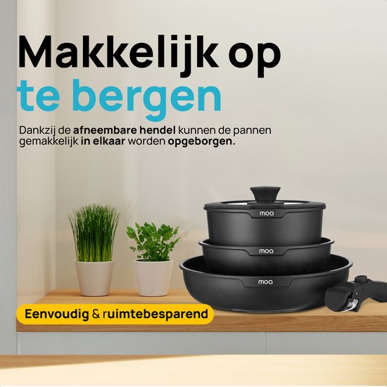 Set de casseroles noires avec poignées amovibles et plantes sur un plan de travail en bois. Texte : Facile à ranger.