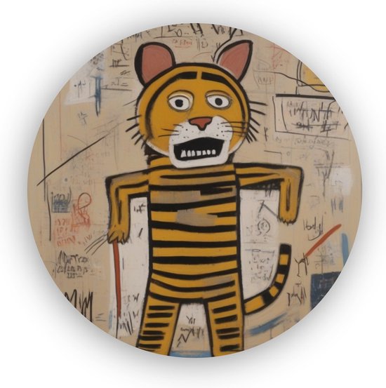 Tijger in de stijl van Basquiat - Tijger schilderij - Wanddecoratie tijger - Basquiat schilderij - Schilderij rond - Muurdecoratie dibond - 60 x 60 cm 3mm