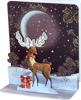 Reindeer with Leaves Antlers, Dark Sky, Crescent Moon 3D Pop-Up Christmas Card 2x