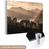 MuchoWow® Glasschilderij 90x60 cm - Schilderij acrylglas - Berglandschap sepia fotoprint - Foto op glas - Schilderijen