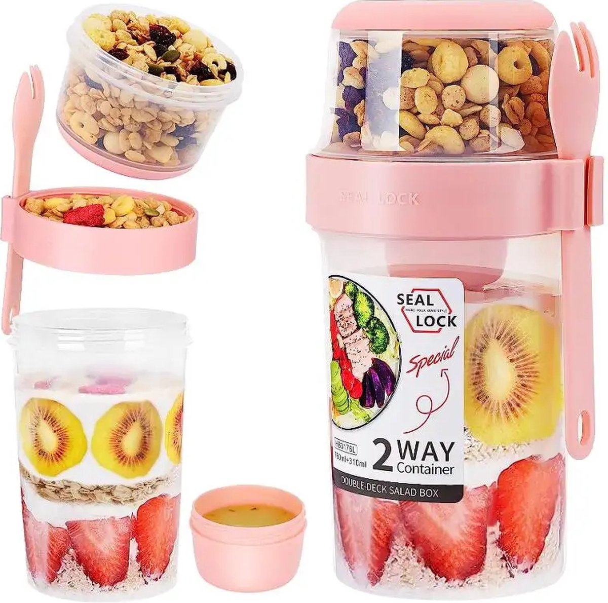 Repus - Yoghurt beker met muesli houder to go - Salade Shaker - Fruit Container - met Spork en Dressingcup - 310ml+610ml - Roze