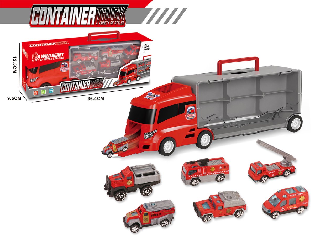 Brandweer vrachtwagen set - transporter - 6-delig koffer set - Container Truck - 36.4 cm