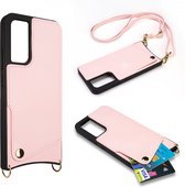 Casemania Hoesje Geschikt voor Samsung Galaxy A34 Roze - Back Cover met Bandje - Pasjeshouder & Koord