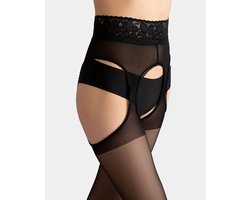 GIULIA Panty - Impresso LOVE 20 - Open Kruis Panty - Strip Panty - Erotiek - Breed Kanten Boord - 20 Den - Medium - Zwart