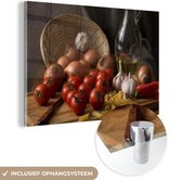 MuchoWow® Tableau sur verre 90x60 cm - Tableau sur verre acrylique - Planche à découper - Légume - Nature morte - Pâtes - Oignon - Tomate - Planche à découper - Photo sur verre - Décoration murale salon - Décoration murale chambre - Peintures
