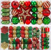 88 stuks kerstballen, ornamenten voor kerstboom, delicate kerstdecoratie, ballen, knutselset, kunststof kerstboomversiering, ballen, kit voor nieuwjaarsfeest, bruiloftsfeest (rood + groen + goud)