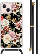 Casimoda® hoesje met zwart koord - Geschikt voor iPhone 13 - Bloemen flowerpower - Afneembaar koord - TPU/acryl - Multi